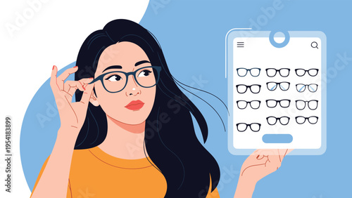 Young woman wearing black framed glasses while holding digital tablet showing various eyewear styles for selection.