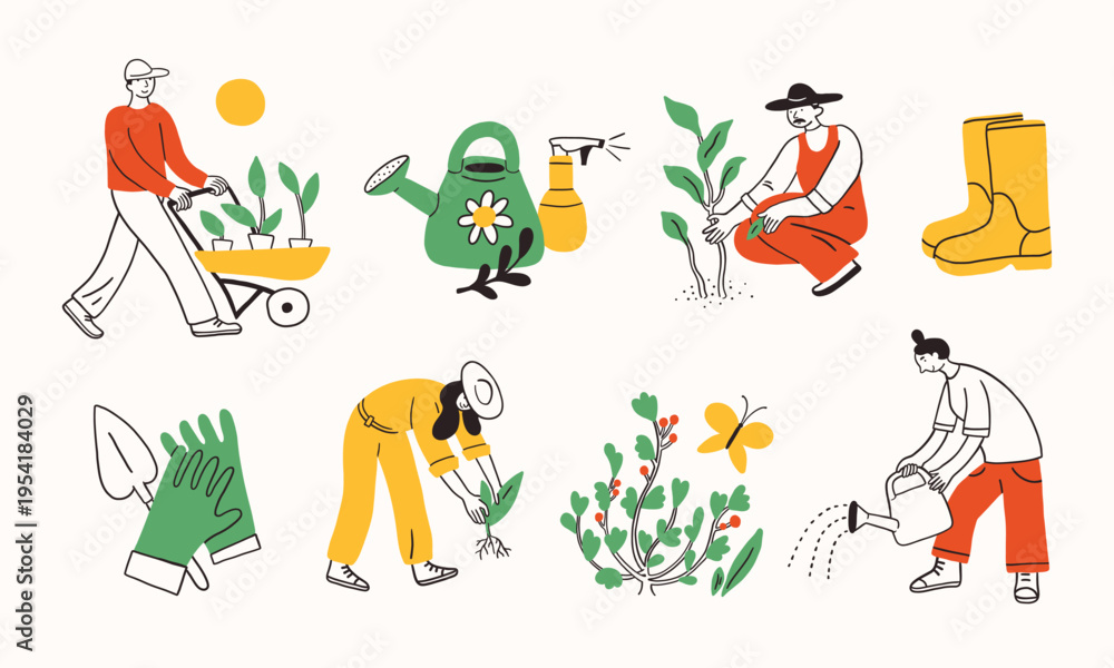 Fototapeta premium Farm agricultural workers or local farmers working in the garden, planting plants. Garden tools and farm or backyard equipment: watering can, gloves, boots. Hand drawn simple ink doodle illustration.