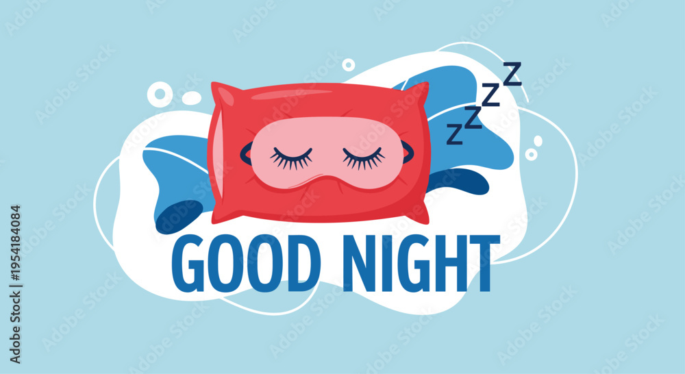 Obraz premium Relaxing 'Good Night' graphic with a red pillow and a sleeping mask, featuring 'zzz' letters to symbolize deep and restful sleep.