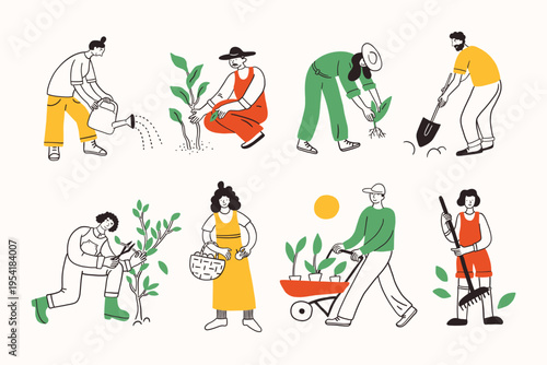 Farm agricultural workers or local farmers working in the garden, planting plants, taking care of plants, flowers and trees. Hand drawn simple ink doodle illustration. Farming, local agriculture.