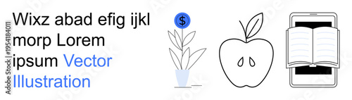 Finances, education, wellness, technology, growth, sustainability. Visual icons include a plant, apple and smartphone displaying an open book. Finances and education conceptually