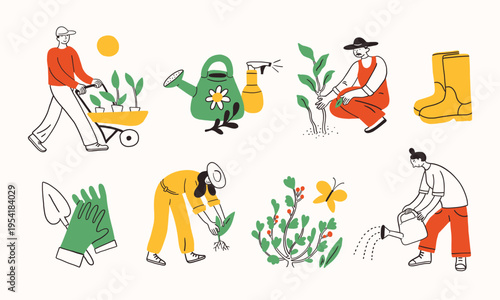 Farm agricultural workers or local farmers working in the garden, planting plants. Garden tools and farm or backyard equipment: watering can, gloves, boots. Hand drawn simple ink doodle illustration.