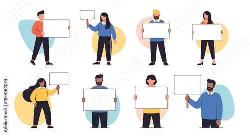 Group of eight diverse modern characters, both men and women, holding blank white placards for protest or announcement messages.