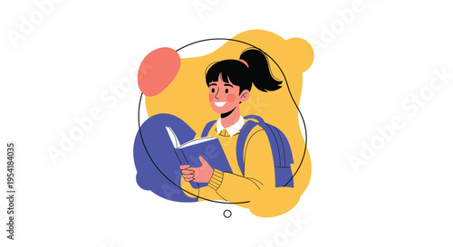 Young student girl with a ponytail and backpack sitting cross-legged while happily reading a book against an abstract background.