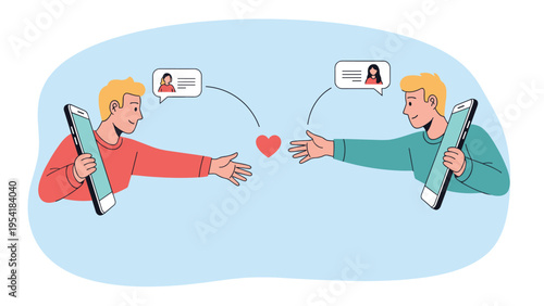 Two men reaching out to each other from mobile phone screens with red heart symbol between them.