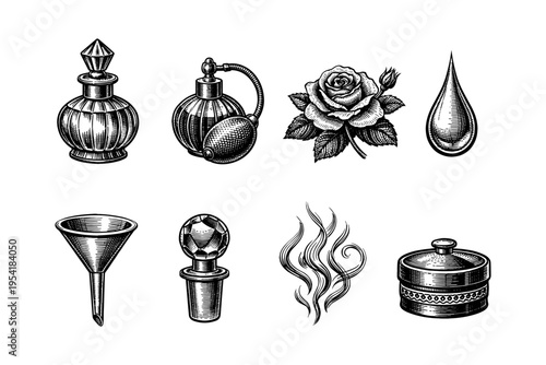Vintage perfume bottles, rose, and essential oil elements in engraved style