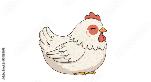 Sweet illustration of a cute and plump white chicken with rosy cheeks, sitting contently with its eyes closed, on a white background.