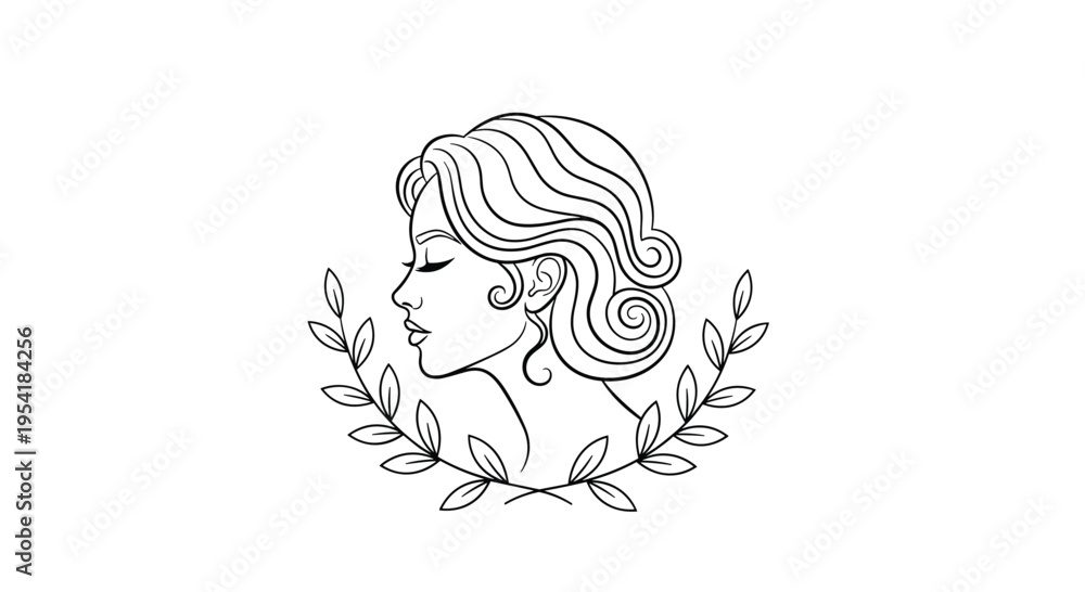 Fototapeta premium Elegant line art logo of a beautiful woman's profile with classic wavy hair, framed by a delicate botanical olive branch wreath.