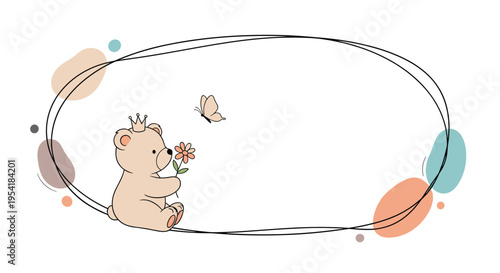 Sweet hand-drawn frame with a cute bear princess holding a flower and watching a butterfly, perfect for a baby shower invitation.