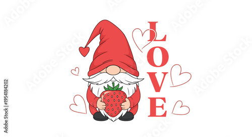 Adorable Valentine's Day gnome with a red hat and white beard, holding a large strawberry next to the word 'LOVE' and hearts.