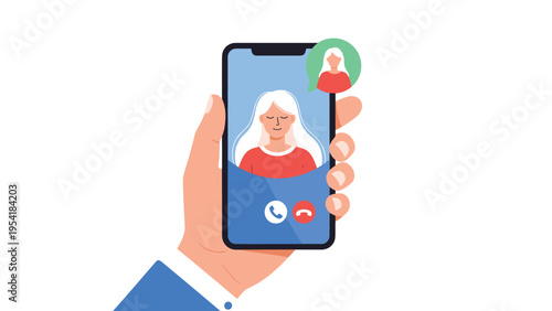 Hand holding smartphone showing incoming video call from young woman with accept and decline button icons.