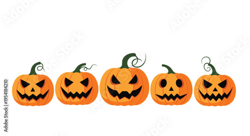 Five spooky carved pumpkins in a row, each with a different scary facial expression, isolated on a white background for Halloween.