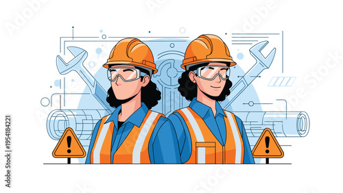 Two professional female construction workers wearing safety vests and helmets posing with blueprints and tools.