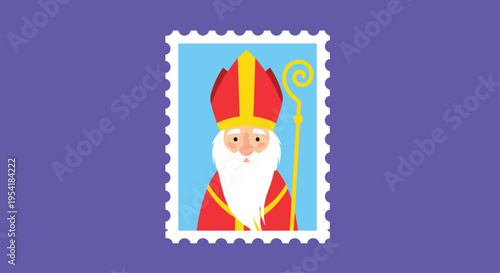 Flat design postage stamp featuring a portrait of Sinterklaas or Saint Nicholas on a solid purple background for the Dutch holiday.