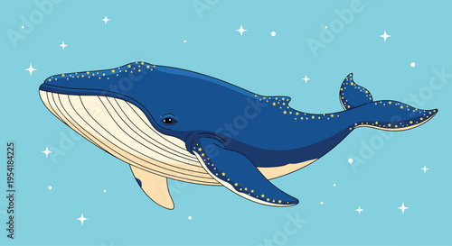 Beautiful blue whale swimming in a celestial ocean filled with glowing white and yellow stars, creating a magical fantasy scene.