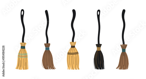 Quirky set of five different witch brooms with unique handle shapes and bristle designs, isolated on white for Halloween decorations.