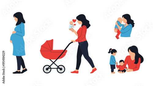 Set of illustrations depicting stages of motherhood from pregnancy to caring for babies and young children.