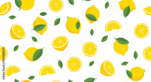 Refreshing seamless pattern with bright yellow lemons, whole, sliced, and halved, scattered with fresh green leaves on white.