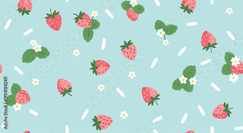 Cute seamless pattern with sweet pink strawberries, white flowers, and sprinkles on a pastel blue background for a summery feel.