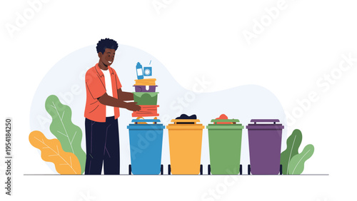 Man responsibly sorting domestic waste and recyclables into various colored trash bins for environmental protection.