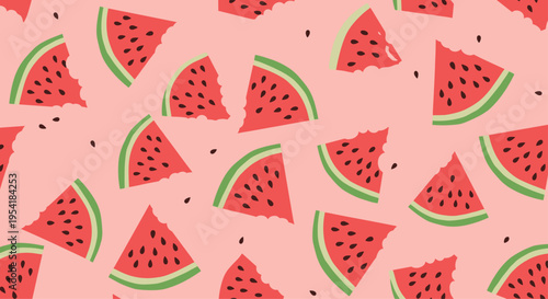 Summer seamless pattern with juicy watermelon slices, some with bites taken out, and seeds scattered on a pink background.