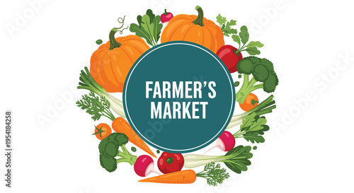 Farmer's Market logo featuring a circular frame filled with a variety of fresh vegetables like pumpkins, carrots, and broccoli.