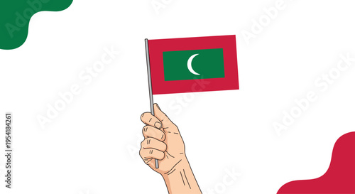 Hand holding a small flag of the Maldives, celebrating national pride and identity on a white background with decorative corners.