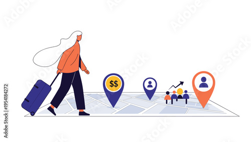 Woman with suitcase walking on giant street map with various location markers and business growth icons.