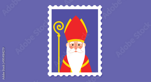 Colorful postage stamp illustration featuring a portrait of Saint Nicholas or Sinterklaas for the traditional Dutch celebration.