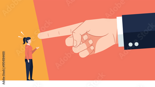 Concept of feeling judged or small in a corporate environment as a giant hand points a finger at a female employee.
