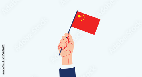 Hand of a person in a suit holding the national flag of the People's Republic of China, symbolizing patriotism and business.