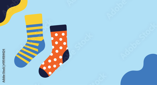 Fun and quirky illustration of a pair of colorful, mismatched socks, celebrating uniqueness and Down Syndrome Awareness Day.