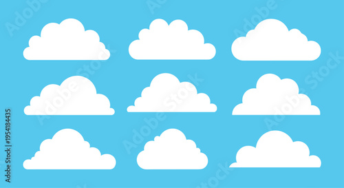 Collection of nine simple, white, cartoon-style cloud icons set against a bright blue sky, perfect for weather or web design.