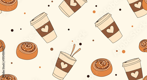 Cozy and sweet seamless pattern featuring hand-drawn coffee cups and delicious cinnamon rolls, perfect for cafe or bakery decor.