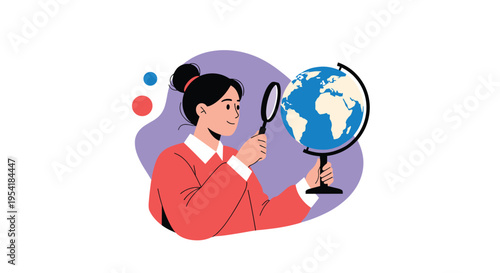 Young woman researcher using a magnifying glass to study a globe, representing themes of geography, travel, and global discovery.
