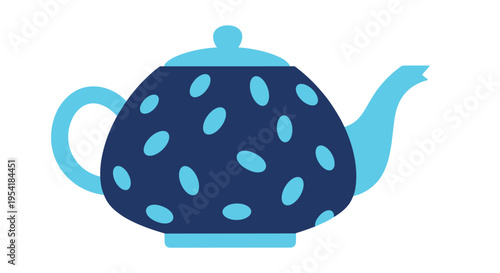 Simple and charming flat illustration of a blue ceramic teapot decorated with light blue polka dots, isolated on a white background.
