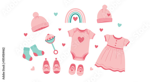 Adorable collection of baby girl clothes and accessories in pink and teal, perfect for a baby shower or birth announcement.