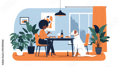 Cozy domestic scene of a woman enjoying a healthy meal at a dining table with her pet dog sitting patiently nearby.