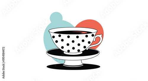 Stylish black and white polka dot teacup on a saucer, presented with colorful abstract shapes for a modern, artistic composition.