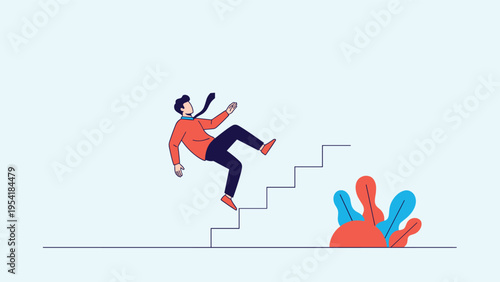 Concept of workplace accident or sudden failure showing a businessman falling down a set of stairs in the office.