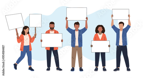 Diverse group of young protesters holding blank white signs, illustrating a peaceful demonstration for social or political change.