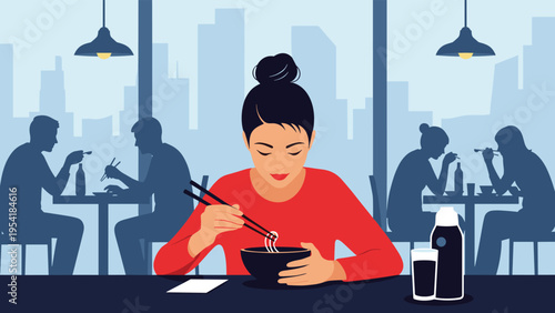 Urban dining scene of a woman eating noodles with chopsticks at a restaurant overlooking a beautiful city skyline.