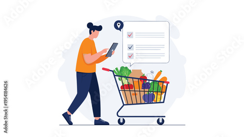 Modern grocery shopping experience showing a man checking items off a digital list on his tablet in a supermarket.