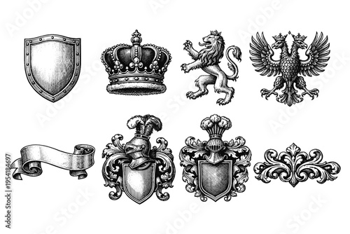 Collection of vintage heraldic emblems, crests, and decorative elements in black and white