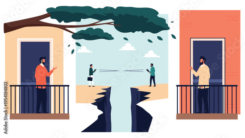 Visual metaphor for the communication gap or social distance between people standing on two separate land masses.