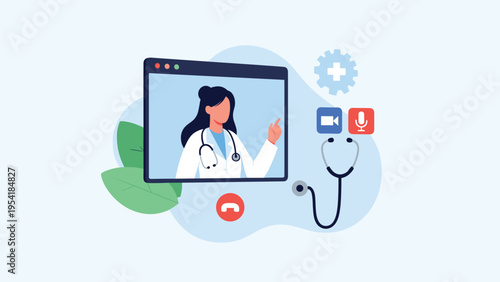 Healthcare technology concept featuring an online doctor consultation on a computer screen with various medical icons.