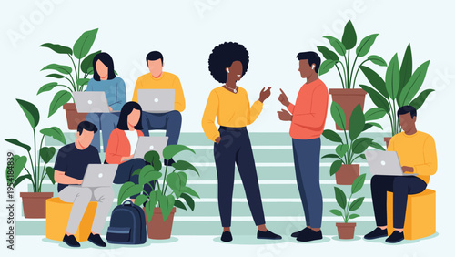 Modern and sustainable coworking space filled with lush plants and diverse professionals working on their laptops.