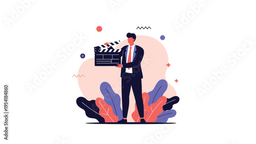 Film production concept showing a professional man in a suit holding a movie clapperboard or slate against an abstract backdrop.