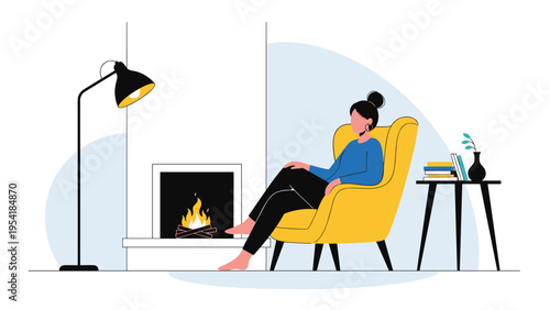 Cozy and peaceful scene of a woman relaxing in a yellow armchair by a warm fireplace on a quiet winter evening.