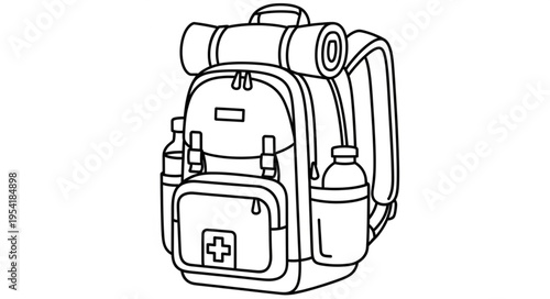 Backpack with camping gear and water bottles illustration.